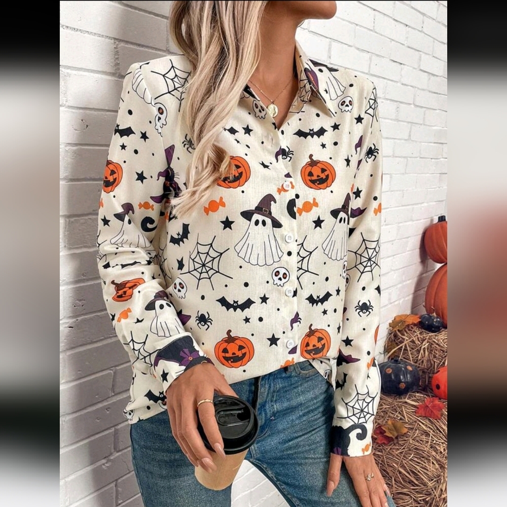 Women Halloween Print Button Down Long Sleeve Autumn Shirt Blouse Fall Clothing - Picture 3 of 5